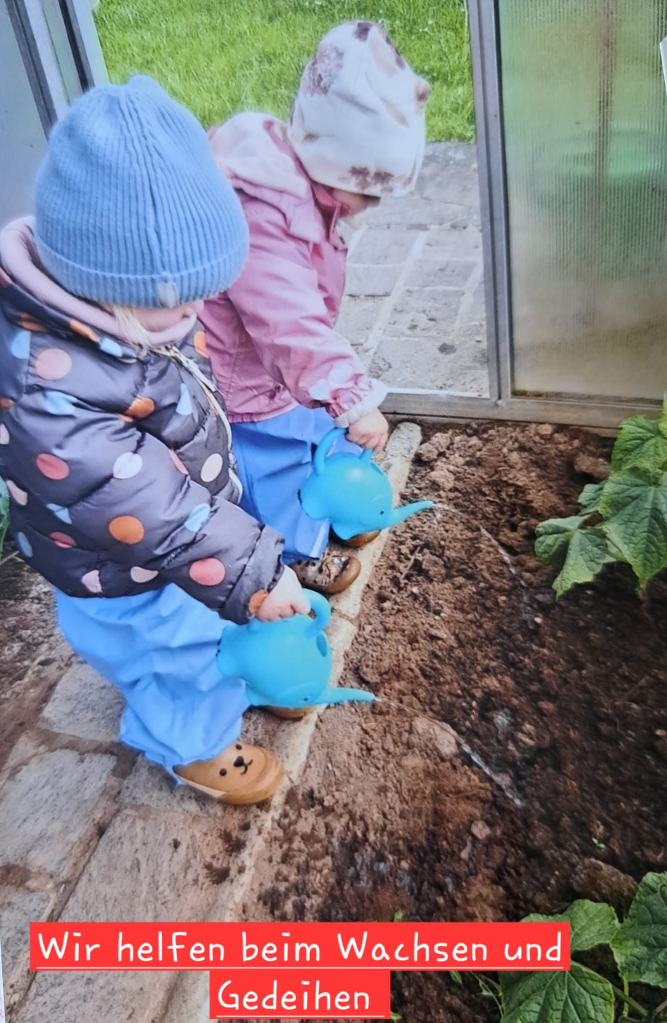 Zwei Kinder gießen mit kleinen Gießkannen ein Beet im Gewächshaus.